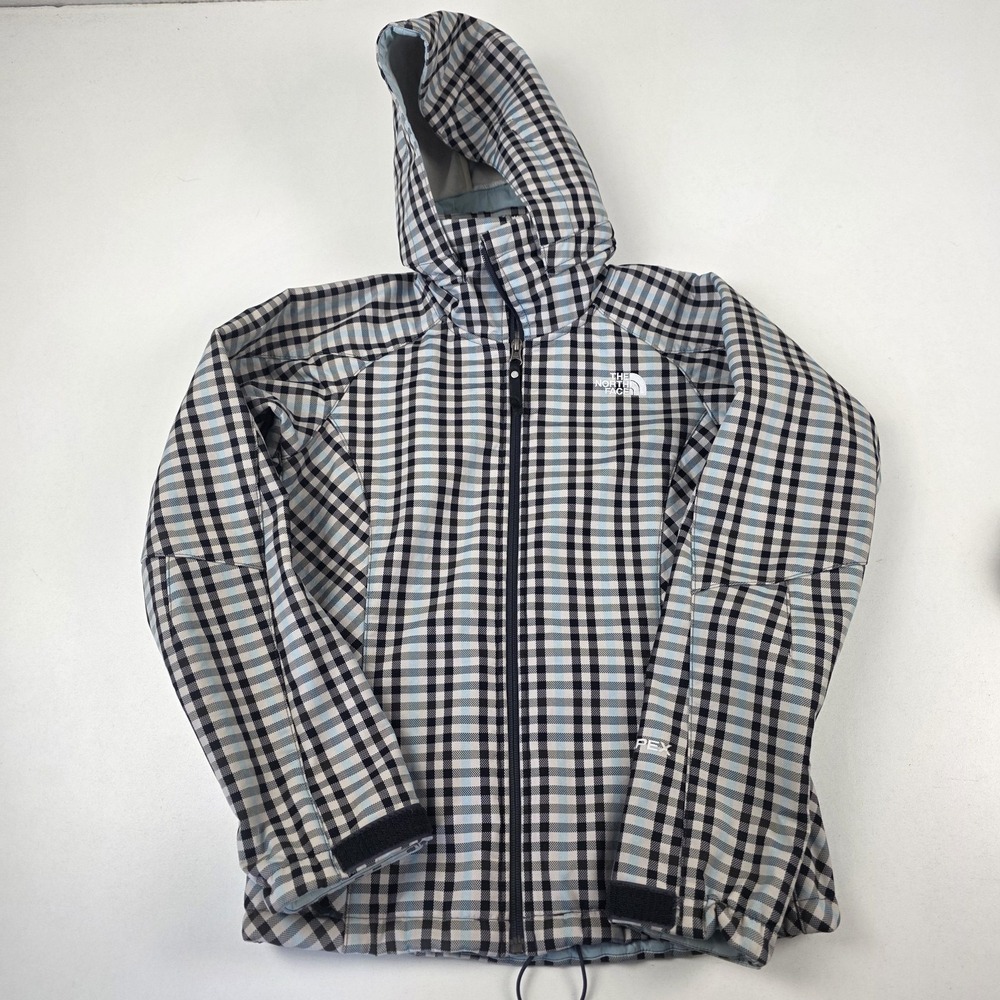 The North Face Plaid Ski Jacket in White, Black, Light Blue